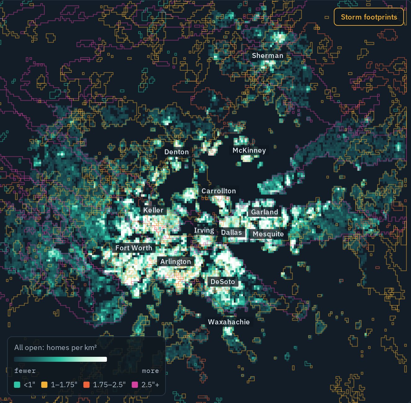 Map of hail footprints over Dallas–Fort Worth in the last 12 months, shaded by homes per square kilometer
